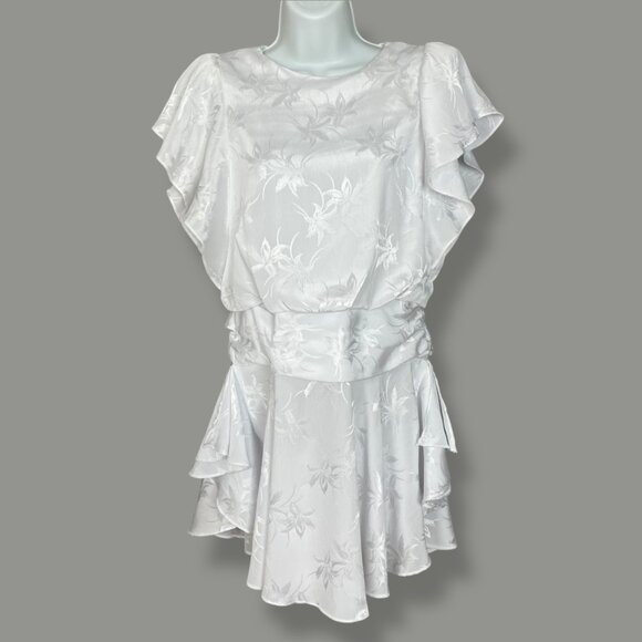 Vintage 80s Dress Floral Mini Ruffles Iridescent Women Beach Wedding Reception - Picture 1 of 13